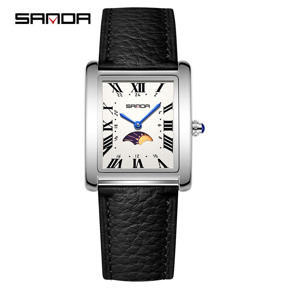 Sanda Women's Retro Quartz Waterproof Watch with Roman Numerals, Moon Phase, and Light Luxury Design - Square Model 9122.