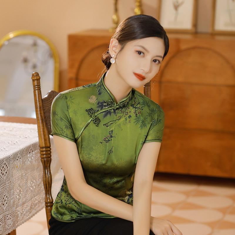 Blusa Elegante de Satén para Mujer Estampado de Flores Camisa Cheongsam Estilo Chino Tradicional Ropa Tang Disfraz de Verano Otoño