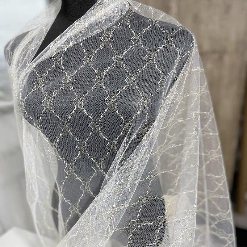 Gold thread iridescent rhombic mesh fabric suitable for wedding dresses formal gowns and handmade DIY clothing fabrics
