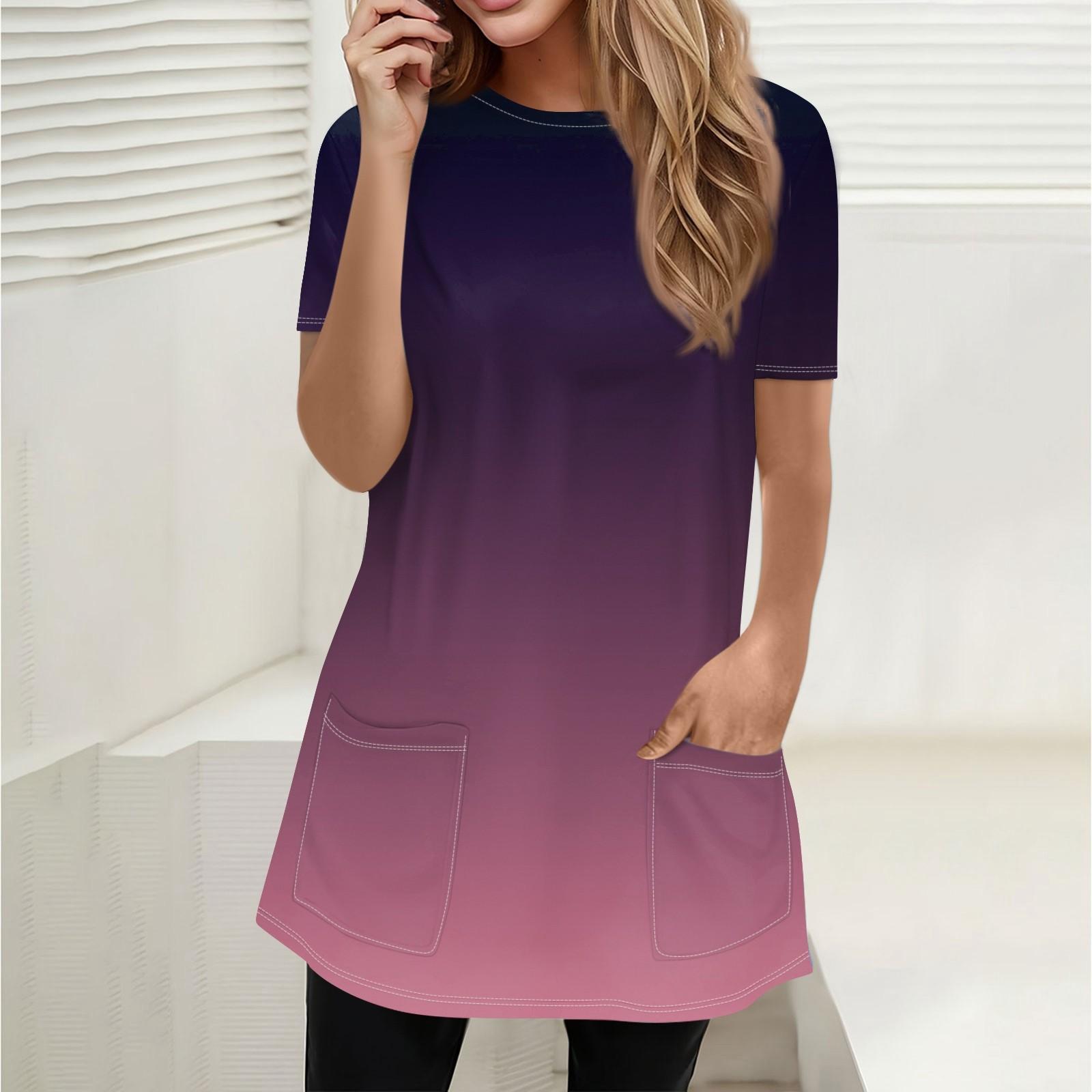 Жен Футболка Футболка С принтом С короткими рукавами Повседневные Выходные Мода Классический Круглый вырез Карманы Обычный Топ XL фиолетовый 1784₽