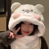 Cute Bear Hat Scarf Gloves One-piece Set for Women In Winter Warmth Plus Velvet Thickened Cycling Cold Proof Scarf