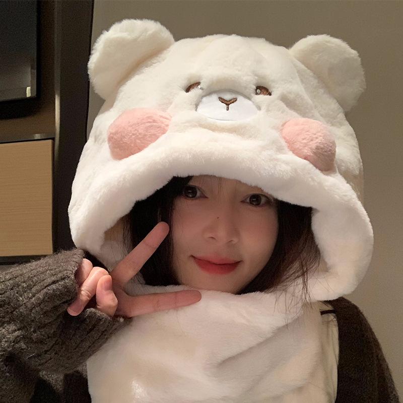 Cute Bear Hat Scarf Gloves One-piece Set for Women In Winter Warmth Plus Velvet Thickened Cycling Cold Proof Scarf