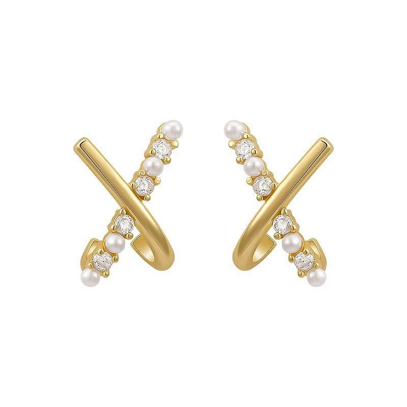 Niche simple cross pearl stud earrings femininity earrings letter elements new