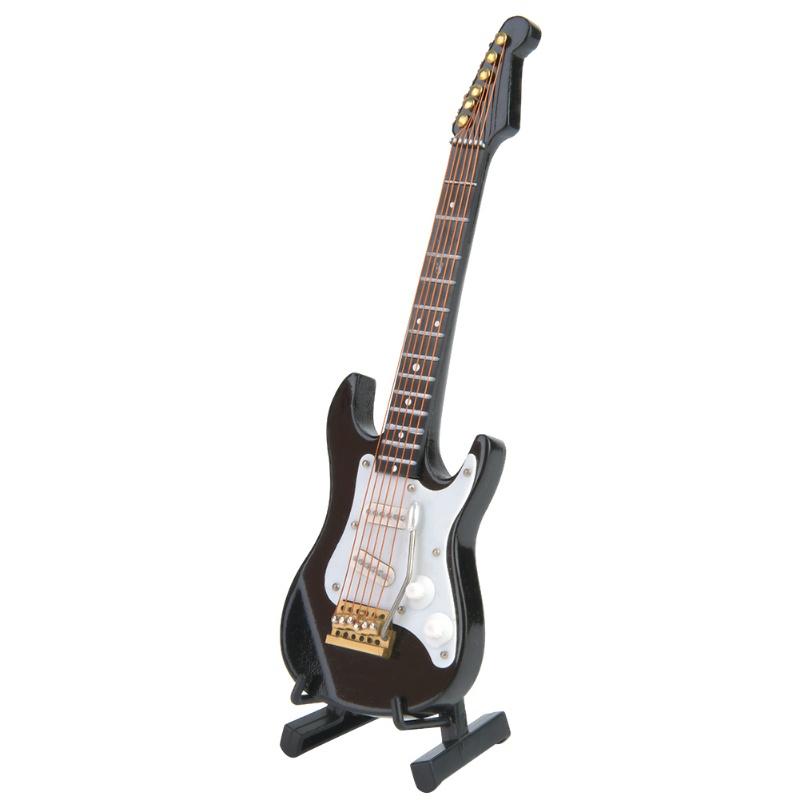 Delicate 14 Cm Mini Wooden Electric Guitar Model Ornaments Collection With Stand(Black)
