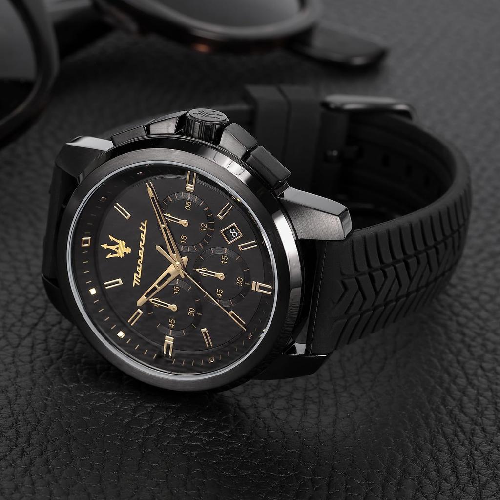 Maserati 44mm Black Silica Gel Chronograph Successo Series 5ATM Water Japanese Officially Authentic Men's Watch, Quartz, R8871621011, Resistance,