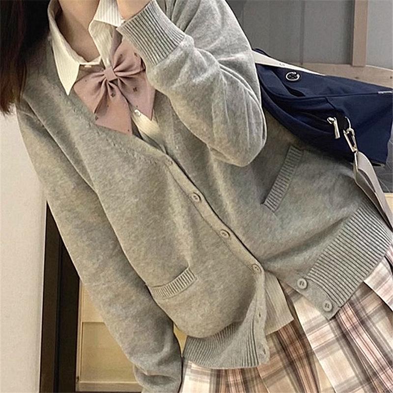 Japanese College Style V-Neck Cardigan for Women - Autumn/Winter School Uniform Sweater
