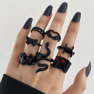 7PCS Вінтажні панк-чорні каблучки з ланцюжками у вигляді серця змії для жінок, чоловіків, модні геометричні чорні каблучки з метеликами, набір подарункових ювелірних виробів
