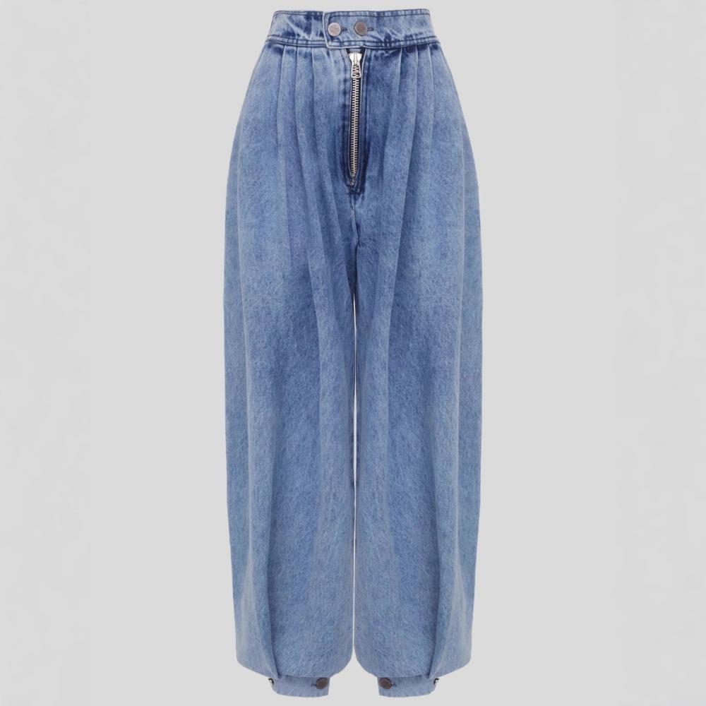 Women's High Rise Barrel Pants Loose Fit Denim Jeans Zip Fly Pleated Casual Denim Trousers