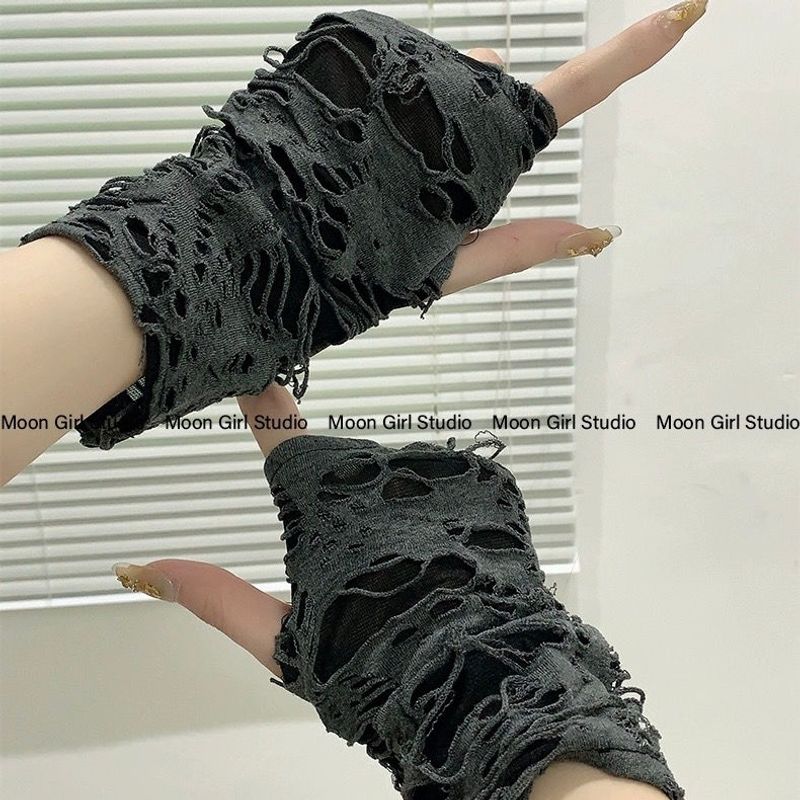 

Отходы Почва Ветер Рваные Потертые Перчатки без пальцев Азиатская культура Панк Готика Темные Митенки Нарукавники Яби Y2g Нарукавник Black Gray [short 23cm]]