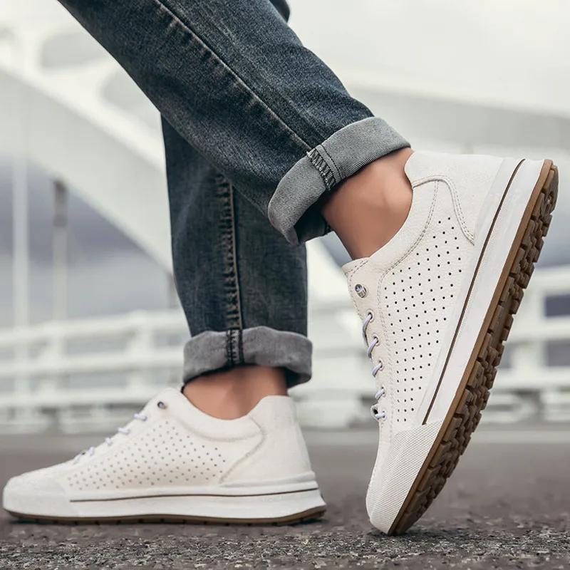 Genuine Leather Men Skataboard Shoes Elevator 6CM Height Increase Sports Loafers Hollow Breathable Sneakers Heightening Shoes