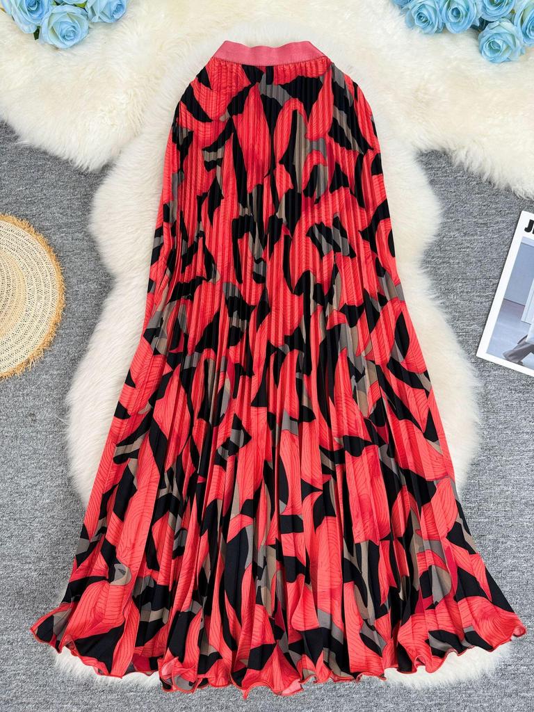 European & American Printed Pleated A-line Midi Skirt for Women - High-waisted, Versatile & Slimming