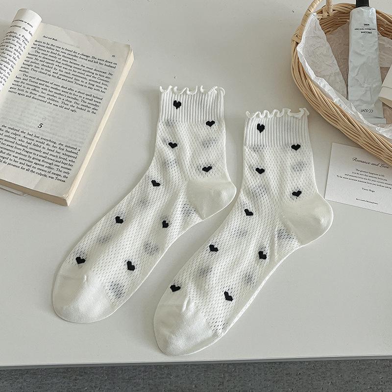 

Female Spring and Summer Thin Love Mesh Breathable All Kinds of Wood Ear Lace In The Cylinder Pile Pile Cotton Socks 1 pair білий