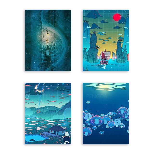 Cartoon-Nachtlandschaft, Dekoration, Wandgemälde, modulares Poster, Leinwandgemälde und Wohnzimmer-Wandkunstdrucke für moderne Heimdekoration, ohne Rahmen