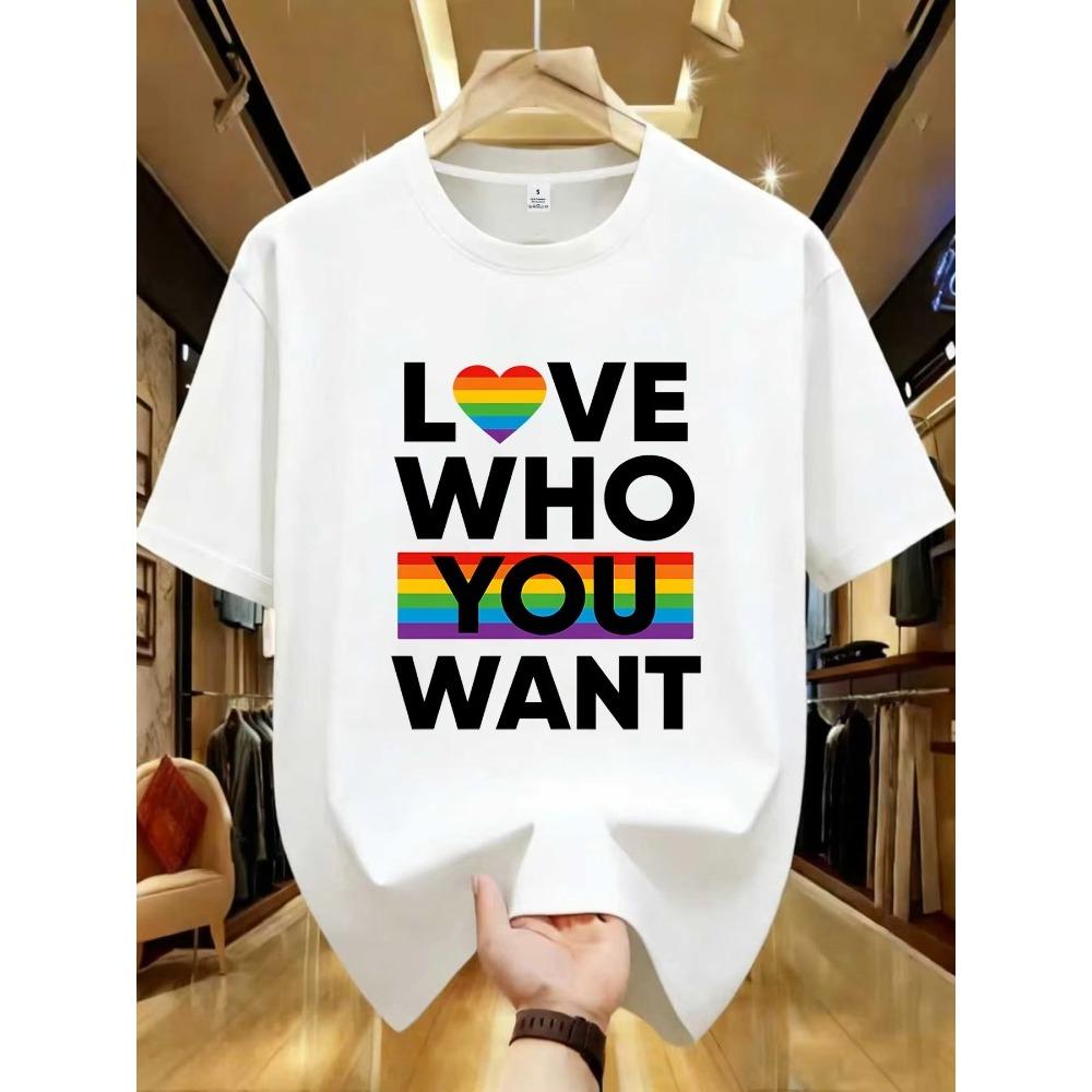 Love Who You Want Rainbow Heart Pride Graphic Tee Soft Cotton Men's Casual T-Shirt Daily Wear Tops