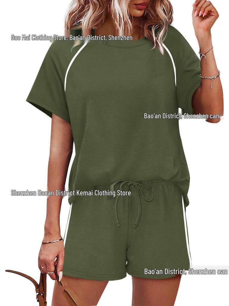 2026 Spring/Summer Women's Stretch Sport Casual Two-Piece Set - Round Neck Short Sleeve Top & Shorts