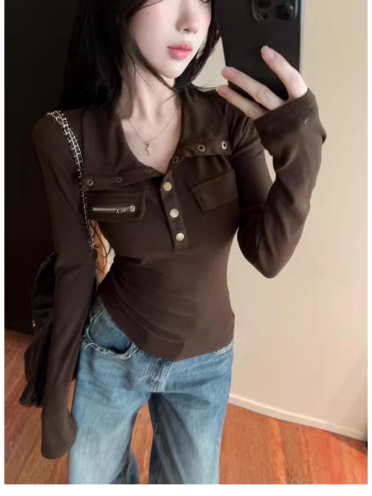 Women's Spicy Girl Style Stand-Collar Slimming Slim-Fit Long-Sleeve T-Shirt, Autumn/Winter, Stylish Waist-Cinching Base Layer