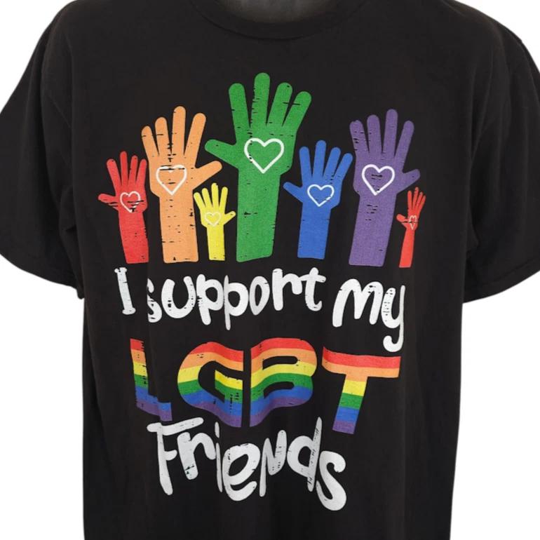 I Support My LGBT Friends 100% Cotton T-shirt Mens Tees Top Mens Size XL Black Rainbow Pride Flag