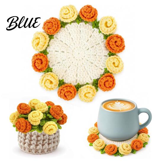 Handwoven Tea Cup Coasters Crochet Flower Bouquet Coaster Handmade Knit Rose Mug Mat Transforms Into Bouquet 2-in-1 Botanical Room Decoration Drink
