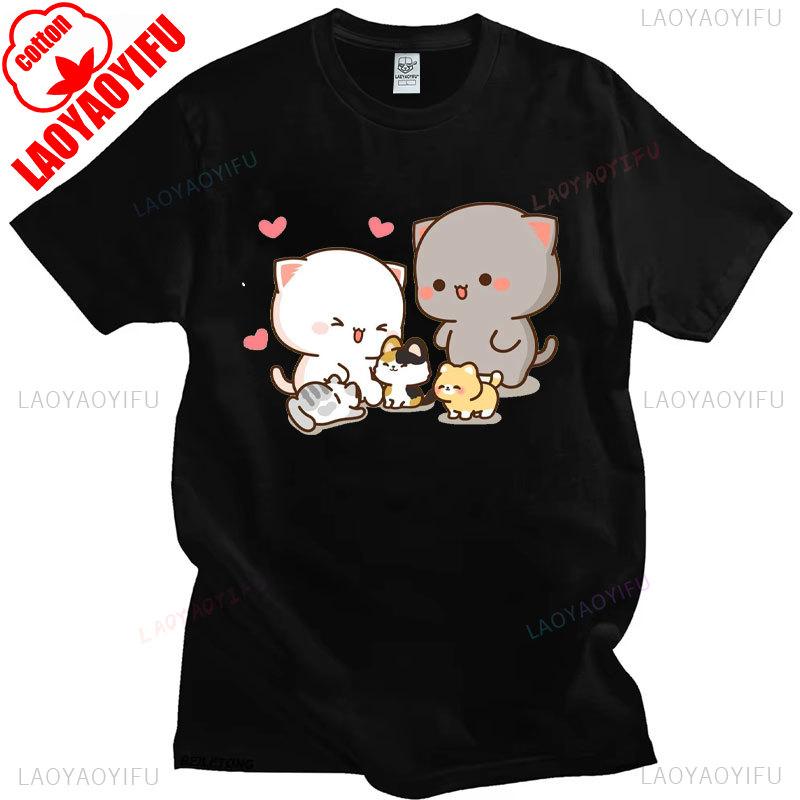 Pfirsich Katze Goma und Mochi Selfie T-Shirt Sommer Baumwolle Kurzarm T-Shirts Niedlicher Druck T-Shirt Mode Harajuku Lustige Partner Tops