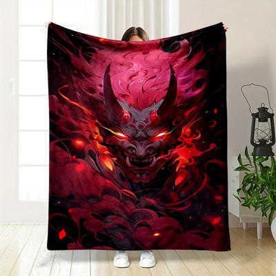 Fiery Demonic Figure with Red Glowing Eyes, Horns, and Swirling Flames. for All Seasons Blanket Lunch Break Throw Gift