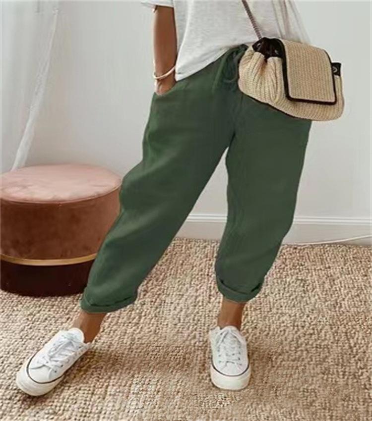 Women Mid Waist Drawstring Linen Harem Pants, Pocket Cuffed Ankle Loose Casual Trousers S-5XL Spring Daily Wear