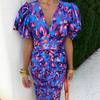 V-neck new printed casual V-neck tight-fitting hip-wrapped waist bubble short-sleeved dress