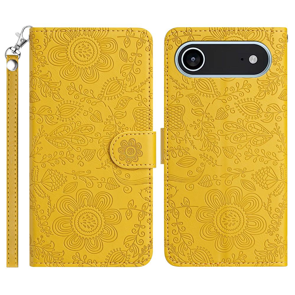 For iPhone 17 Air Case Flower Imprint Leather Flip Wallet Phone Cover with Wrist Strap