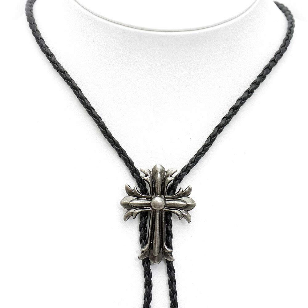 Skórzany krawat z pętelką, kwiatowy krzyż, skórzany naszyjnik choker SM, czarny, jeden rozmiar pasuje do większości, krawat [srebrny], męski