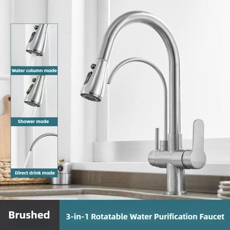 Stretching RO Direct Drinking Faucet Three In One Water Purifier Faucet Kitchen Universal Rotating Washing Basin Water Tap A-Brushed style
