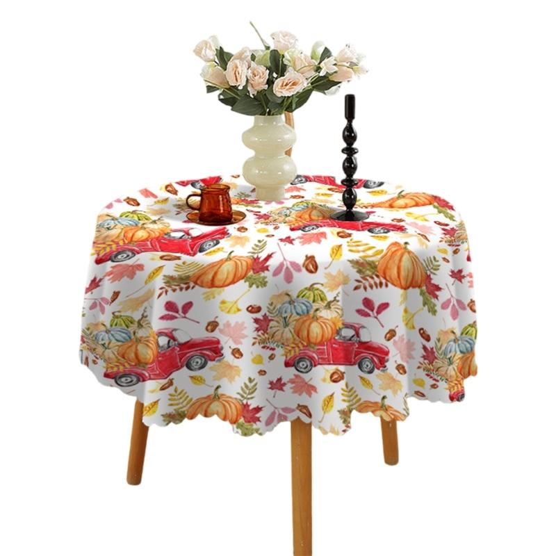 Table Cloth Autumn Leaves and Pumpkin Patterns Round Tablecloth 150cm for Thanksgiving Party Decoration