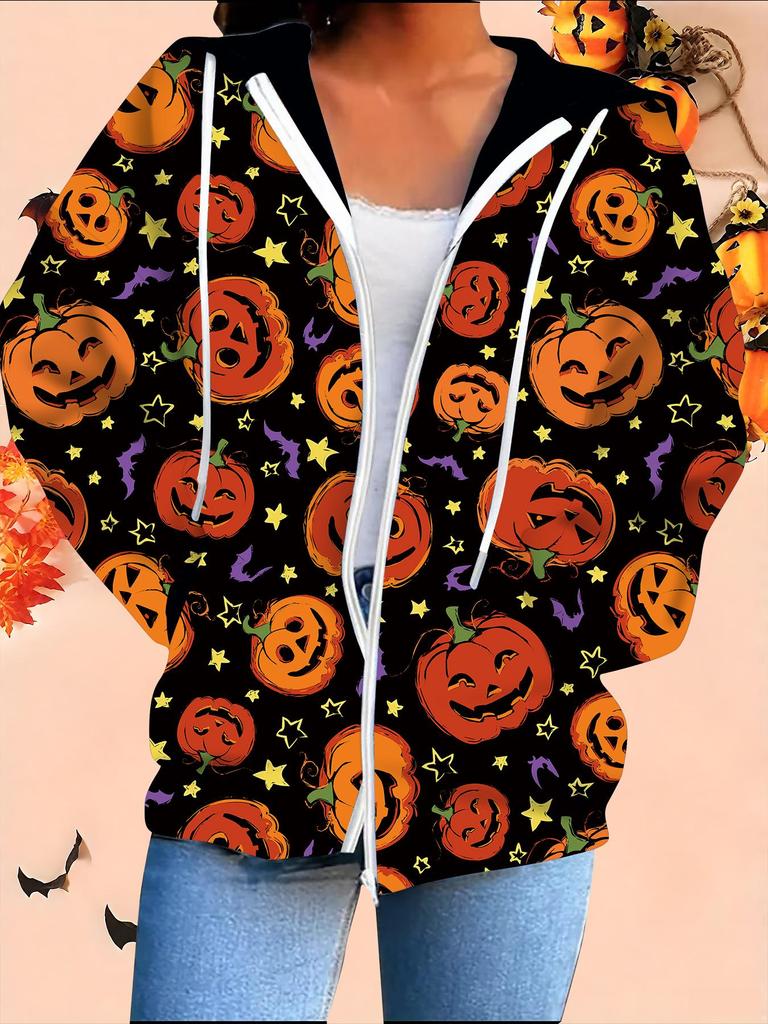Halloween 3D Printed Hooded Cardigan Plus Size Autumn Winter Retro