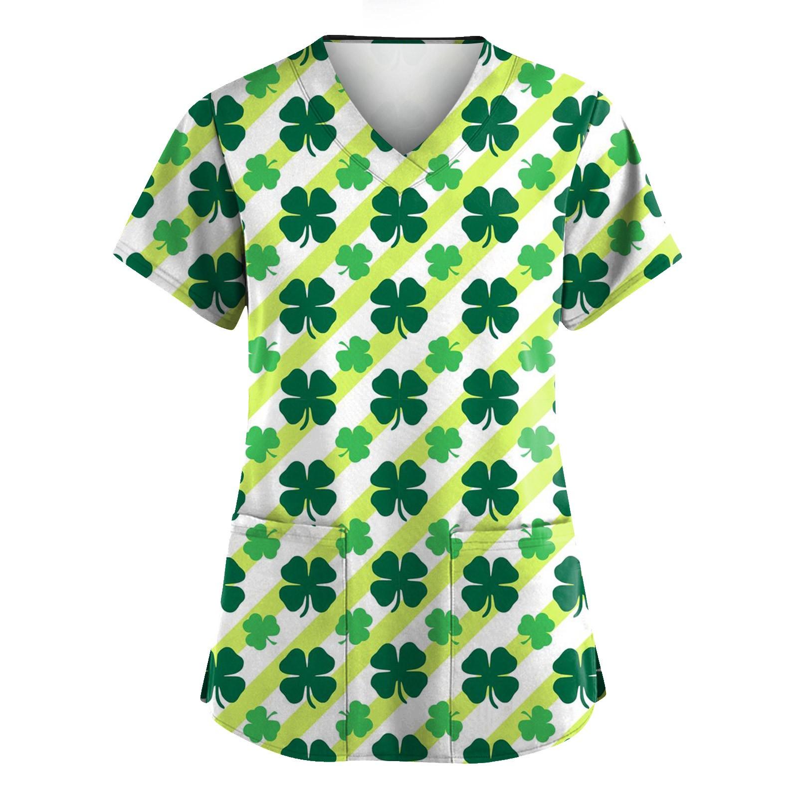 

Женская мода с v-образным вырезом, короткими рукавами и карманами, топы с принтом M