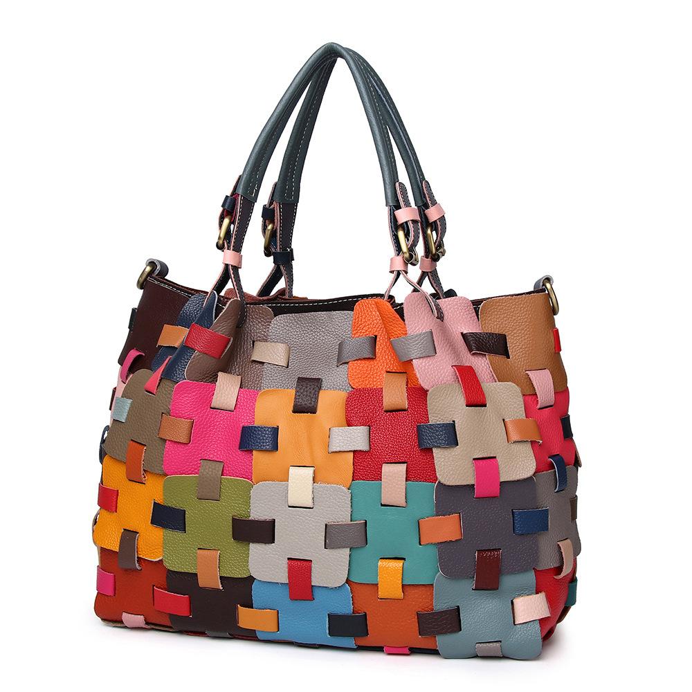 

Leather Women S Bag Cowhide Ethnic Style Color Woven Handbag One Shoulder Crossbody Beach Bag Vegetable Basket Bag
