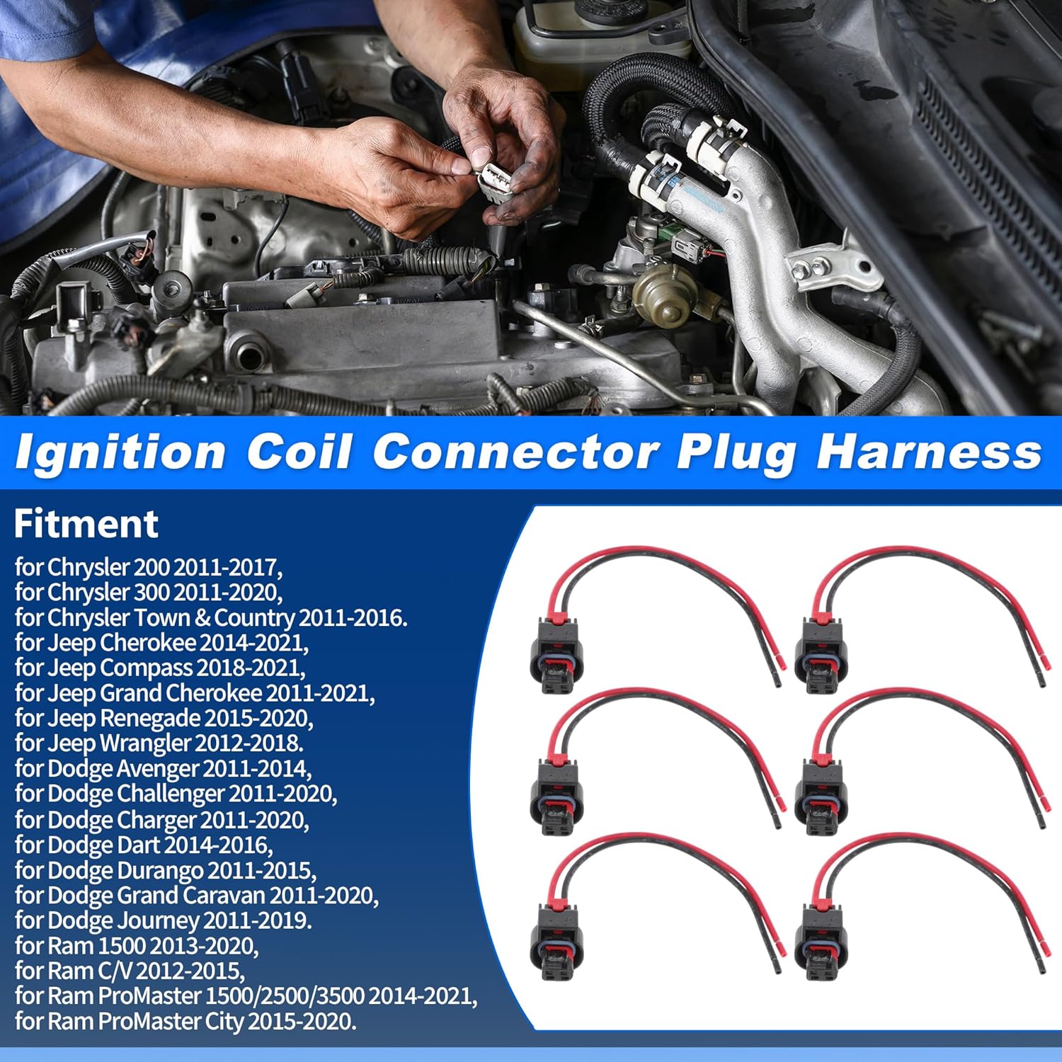 6Pcs Ignition Coil Connector Plug Harness for Chrysler for Jeep Ignition Coilpack Female Connector Plug Harness Pigtail for Dodge for Ram