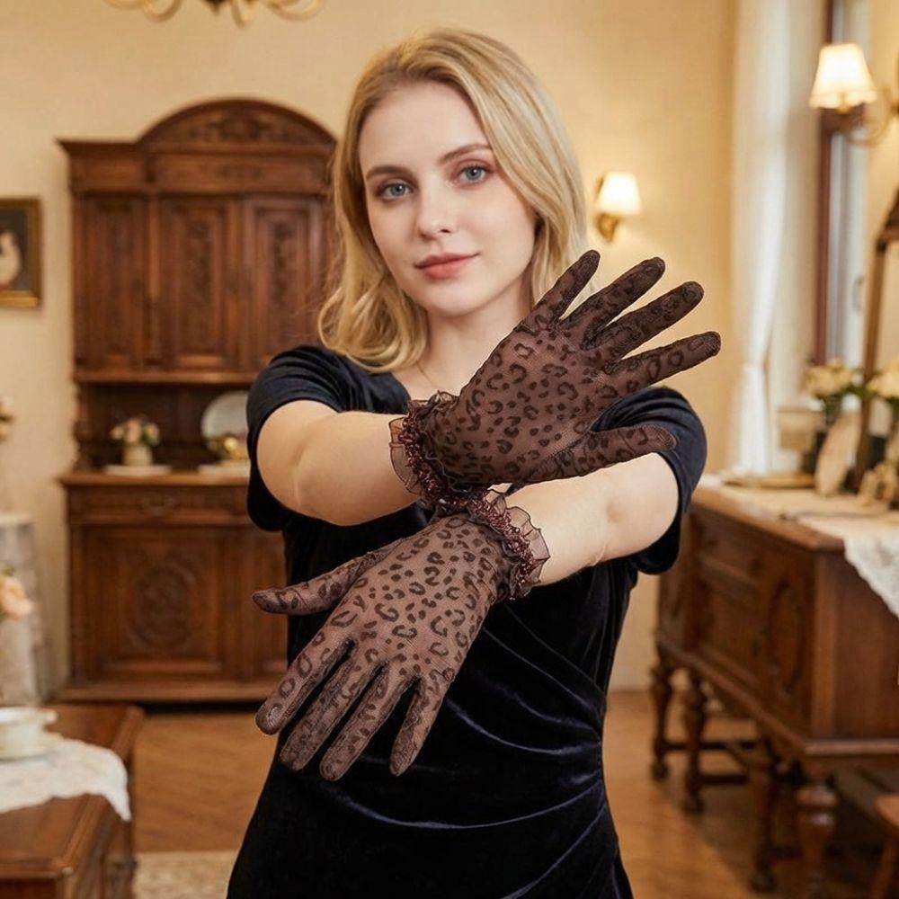 Leopard Print Women's Summer Gloves Sun Protection Thin Lace Gloves Breathable 5 Fingers Party Gloves Spring Summer Outdoor