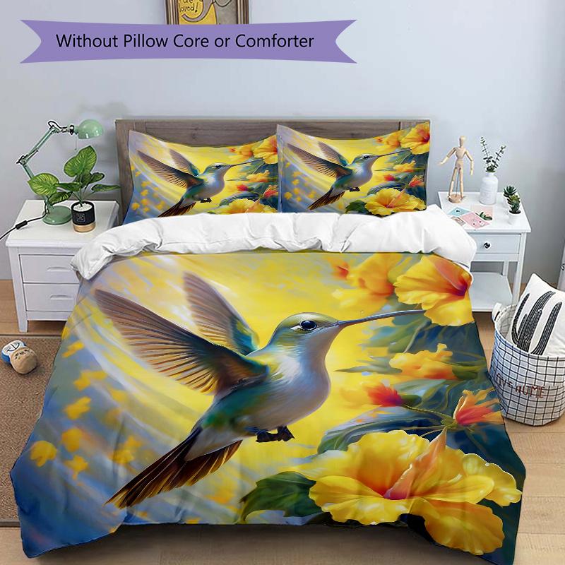 3pcs Yellow Flowers & Hummingbird Pattern Bedding Set, 1* Cover + 2*Pillowcases, Printed Bedding Set, Soft