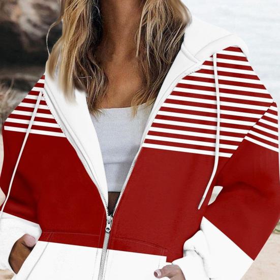 Women Fall Winter Hoodie Jacket Zipper Closure Loose Casual Striped Coat with Pockets Drawstring Hooded Long Sleeves Top