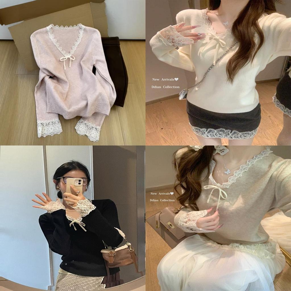 Pink Vneck Lace Patch Wool Knit Sweater For Women Fall Winter Casual Comfort