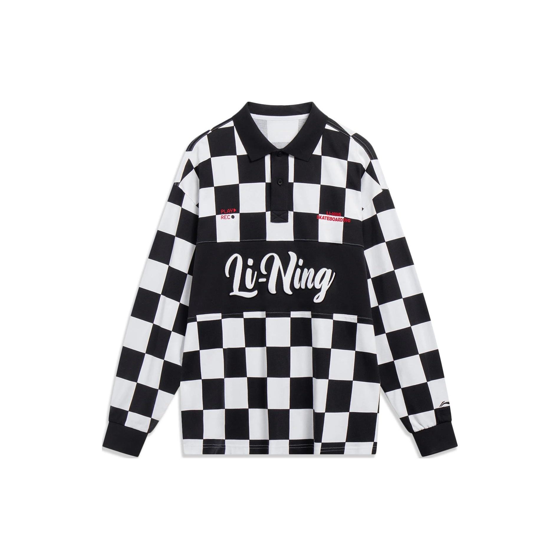 Li-Ning Checkerboard Graphic Long Sleeve Polo Shirt  Black White  Men s APLT013-1 L