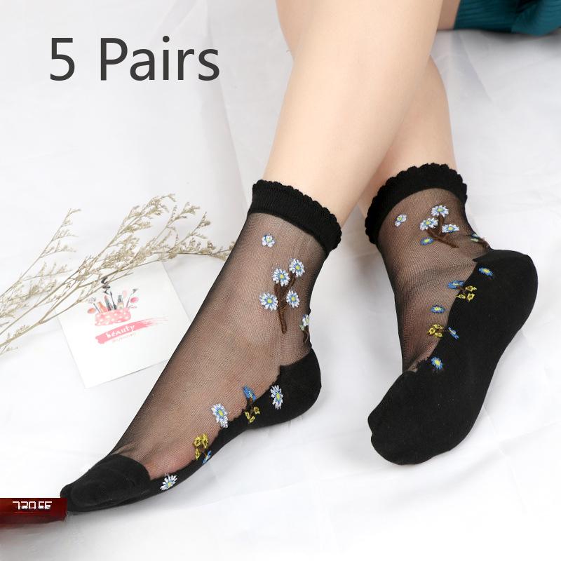 5 Pairs of Ladies Spring and Summer New Style Flowers Sexy Thin Transparent Cotton Bottom Glass Silk In The Tube Socks