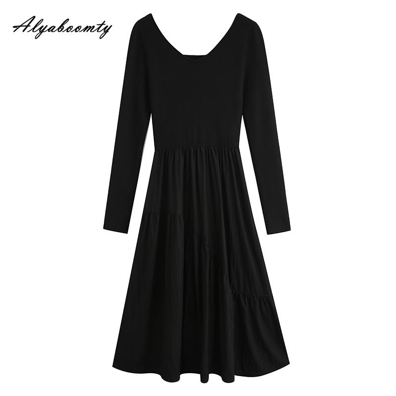 

Элегантное Модное Осенне-Зимнее Женское Миди Платье Вязаный Пэчворк Воланы Платье Длинный Рукав Женственное А-силуэтное Платье One Size чёрный