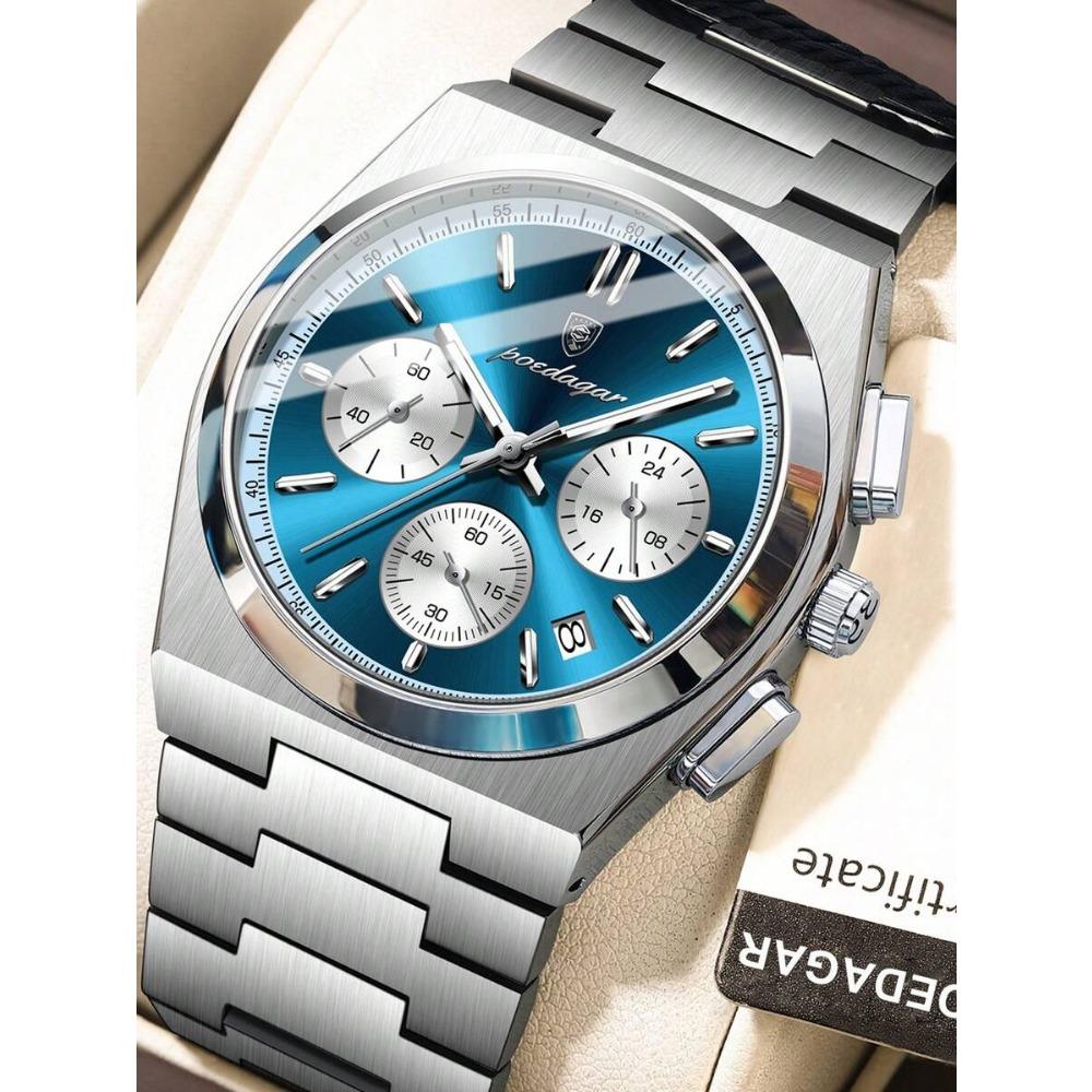 POEDAGAR 1pc Premium Men's Stainless Steel Quartz Calendar Chronograph Wristwatch, Business Waterproof Luminous Watch, Men's Gift