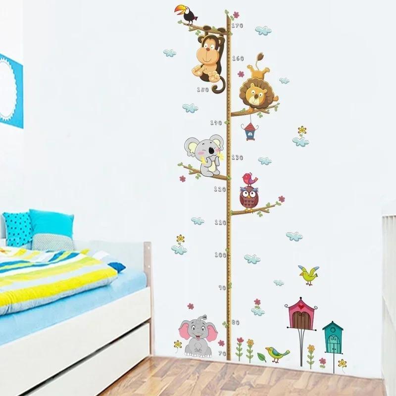 Cartoon Height Measure Wall Sticker for Kids Rooms Growth Chart Animals Lion Monkey Owl Elephant Nursery Room Decor Wall Art