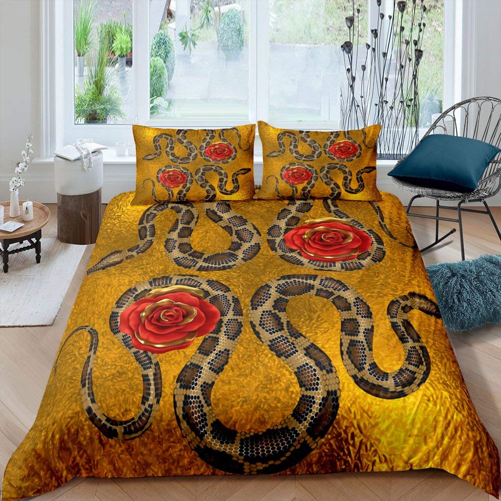 Snake Duvet Cover Set 3D Python Palm Leaf Bedding Set King Size Reptile Tropical Theme Quilt Cover for Kids Boys Girls Teens