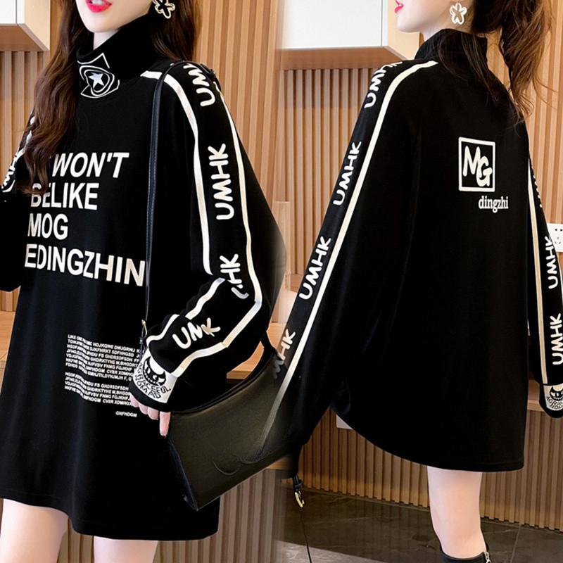 Frühlings- und Herbstmode Y2K Street Casual Damenbekleidung Buchstabendruck Trend Halber Rollkragen T-Shirt Tops Langarm Allgleiches Lose Pullover