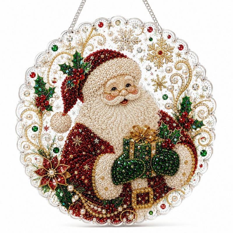 1PC DIY Christmas Pearl Painting Pendant, Round Acrylic Board, 2D Flat Pearl Bead Crafts, Holiday Window & Wall Decor