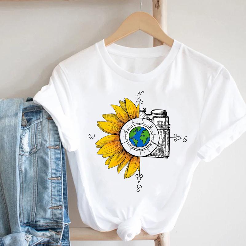 Short Sleeve Camper Truck Flower Tee Top Fashion Tshirt Clothing Casual Women Print Summer Lady Female Graphic T-shirt