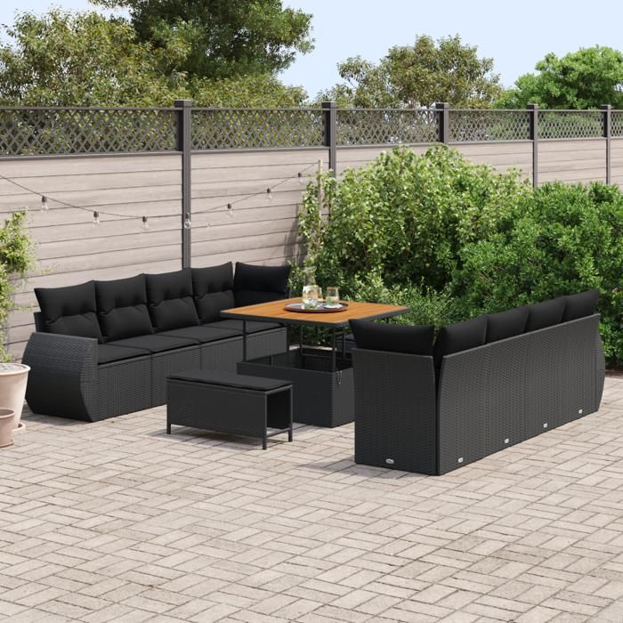 Ensemble de 11 Pièces de Canapé de Jardin avec Coussins en Rotin Noir 3363804