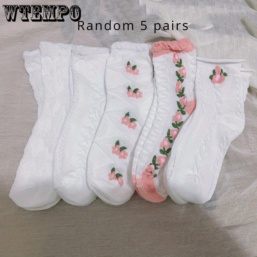5 Pairs of Vibrant Floral Textured Socks - Soft, Ruffled Mid-Tube Design, Comfortable Women's Stockings & Hosiery for Everyday Wear - Cute Fashionable