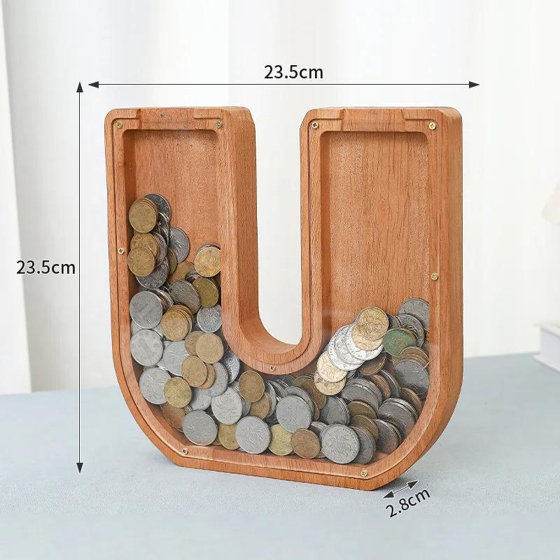23cm Large Size Twenty-six Letter Piggy Bank Wooden Coin Money Saving Box Jar Coin Storage Box Desktop Ornament Home Decor Craft